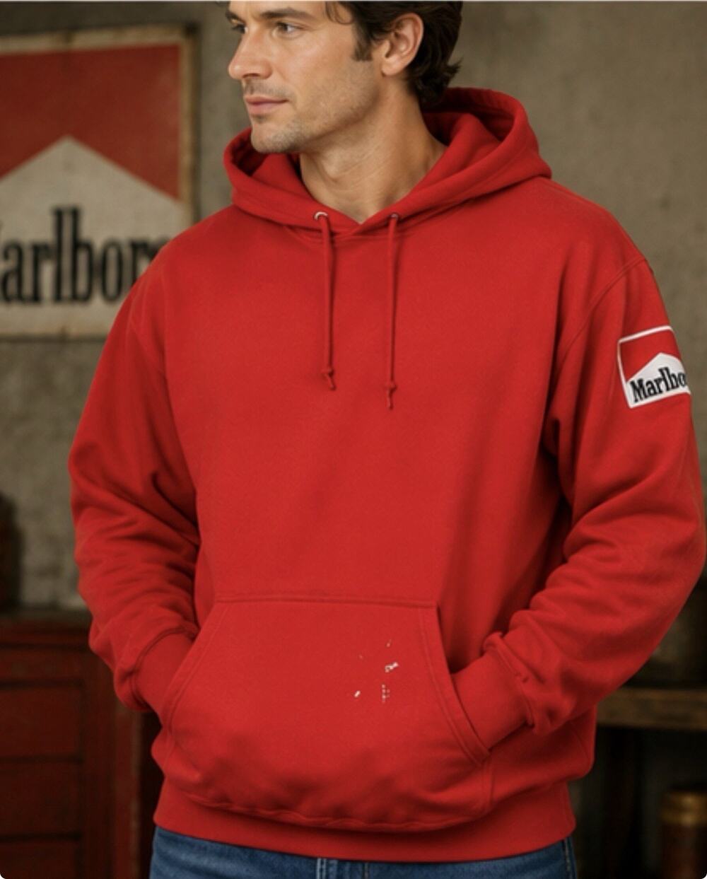 Vintage Marlboro Promo Hoodie Red Pullover Sweatshirt Mens XL 24x28